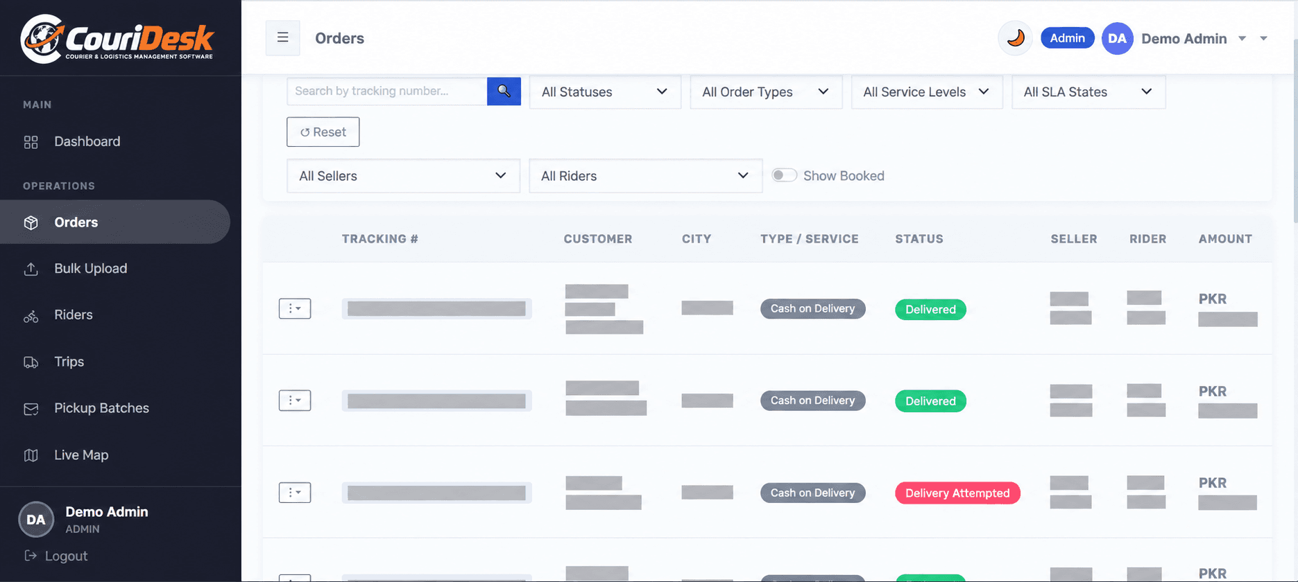 CouriDesk Admin Panel orders table with customer data redacted