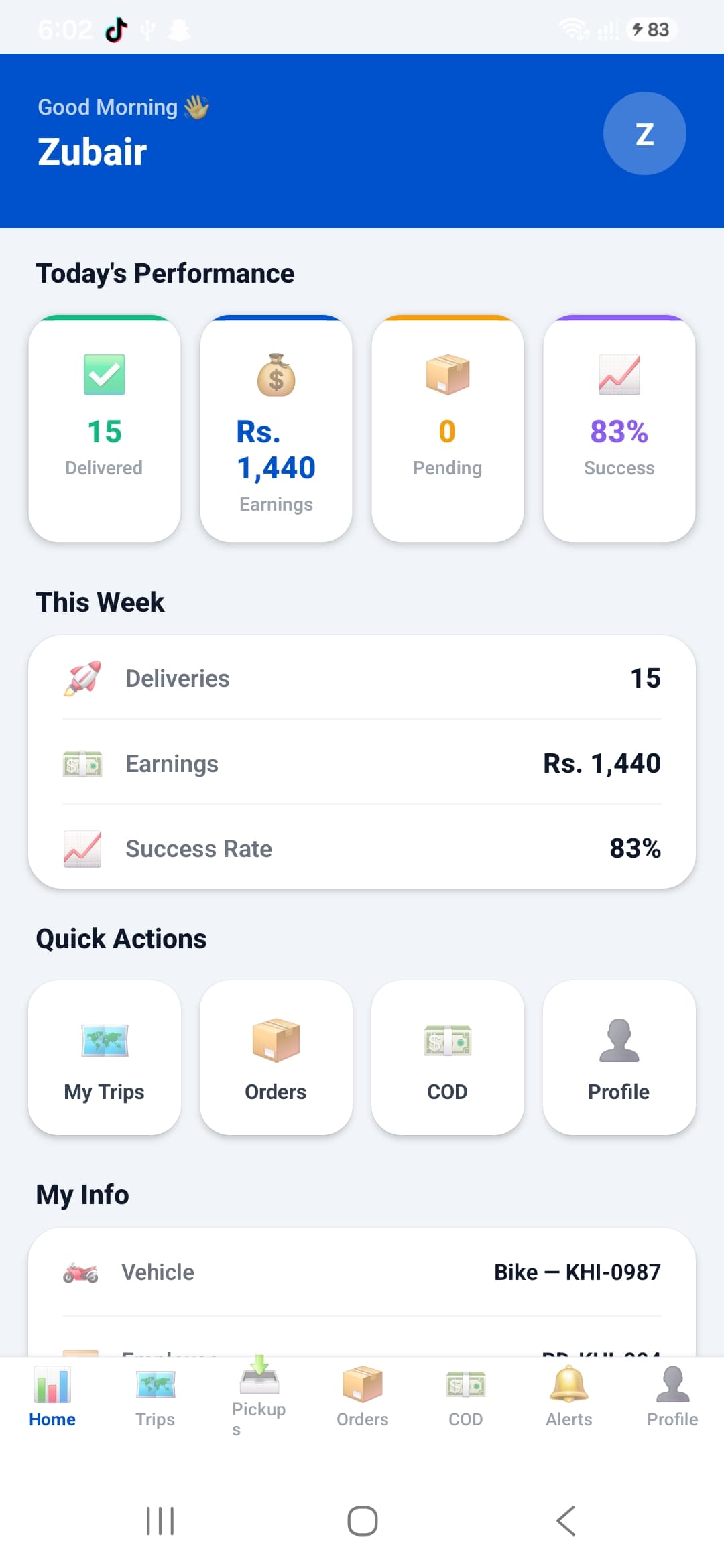 CouriDesk Rider App home screen showing demo performance metrics