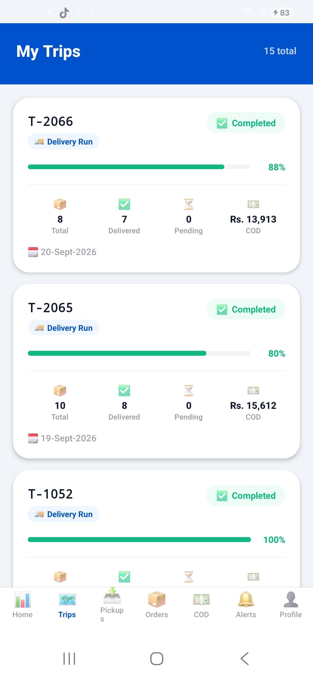 CouriDesk Rider App showing demo trips and COD amounts